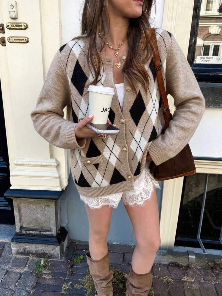 SEREN Fashion Cardigan Rajut Motif Berlian untuk Wanita, Jaket Sweater Lengan Panjang Leher Bulat Terbaru untuk Musim Gugur, Cocok untuk Pemakaian Sehari-hari dan Acara Luar Ruangan - MultiWarna - View 1