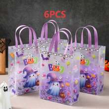 6 Stücke, neue Halloween frostige transparente Geschenktüten, ideal zum Präsentieren von Sammlungen, klare Halloween Süßigkeitentüten mit Griffen, Cartoon Geist Katze Kürbis, Partygeschenke - Verschiedenfarbig - Übersicht 8