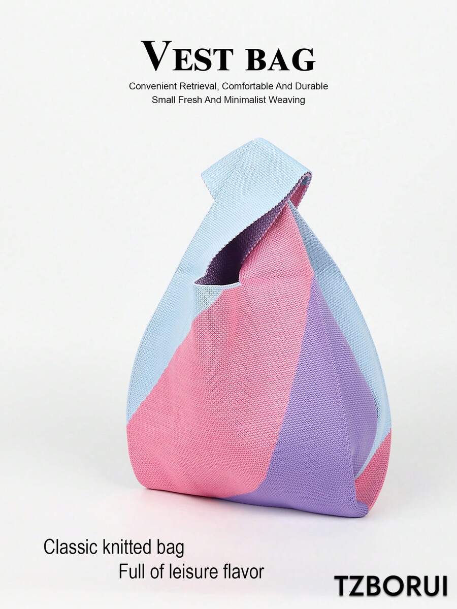 Macaron Colorblock Knitted Handbag, Pink Purple Blue Contrast Color Minimalist Woven Mini Bag