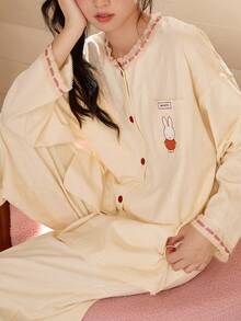 Gongdie 2 Potong Set Piyama Wanita Miffy, Pakaian Santai Katun Bertekstur Aprikot Musim Gugur dengan Renda dan Pita Gingham Merah - Aprikot - View 1
