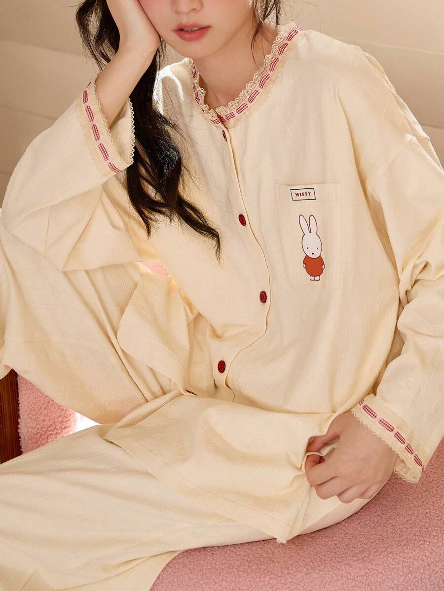 Gongdie 2 Potong Set Piyama Wanita Miffy, Pakaian Santai Katun Bertekstur Aprikot Musim Gugur dengan Renda dan Pita Gingham Merah - Aprikot - View 1