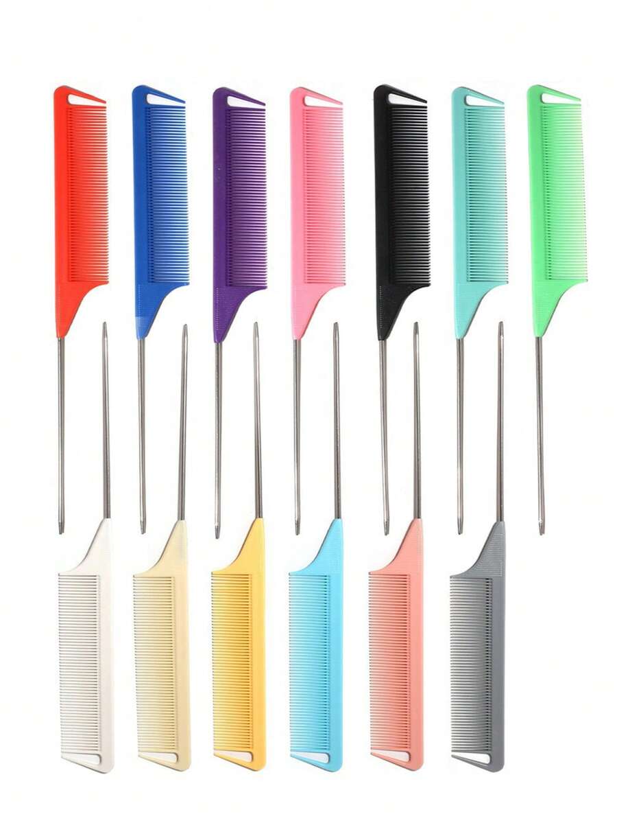 Professional Tail Comb Set, Includes Tail Comb, Parting Comb, Stainless Steel Tail Comb, Anti-Static Hair Comb, Braiding Comb, Fine Tooth Tail Comb, Highlight Comb, Multi-Function, Plastic Tail Steel Needle Comb, Home And Salon Steel Needle Comb, Dense Tooth Detangling Curling Comb Tool, Tail Comb Steel Needle Comb Hair Dye Styling Comb Teasing Comb Sectioning Rat Tail Comb Iron Tail Comb, Suitable For Normal Hair, Candy Color, Bridal Hair Comb, Ideal For Hair Salon, Salon And Home Use - Multicolor - View 1