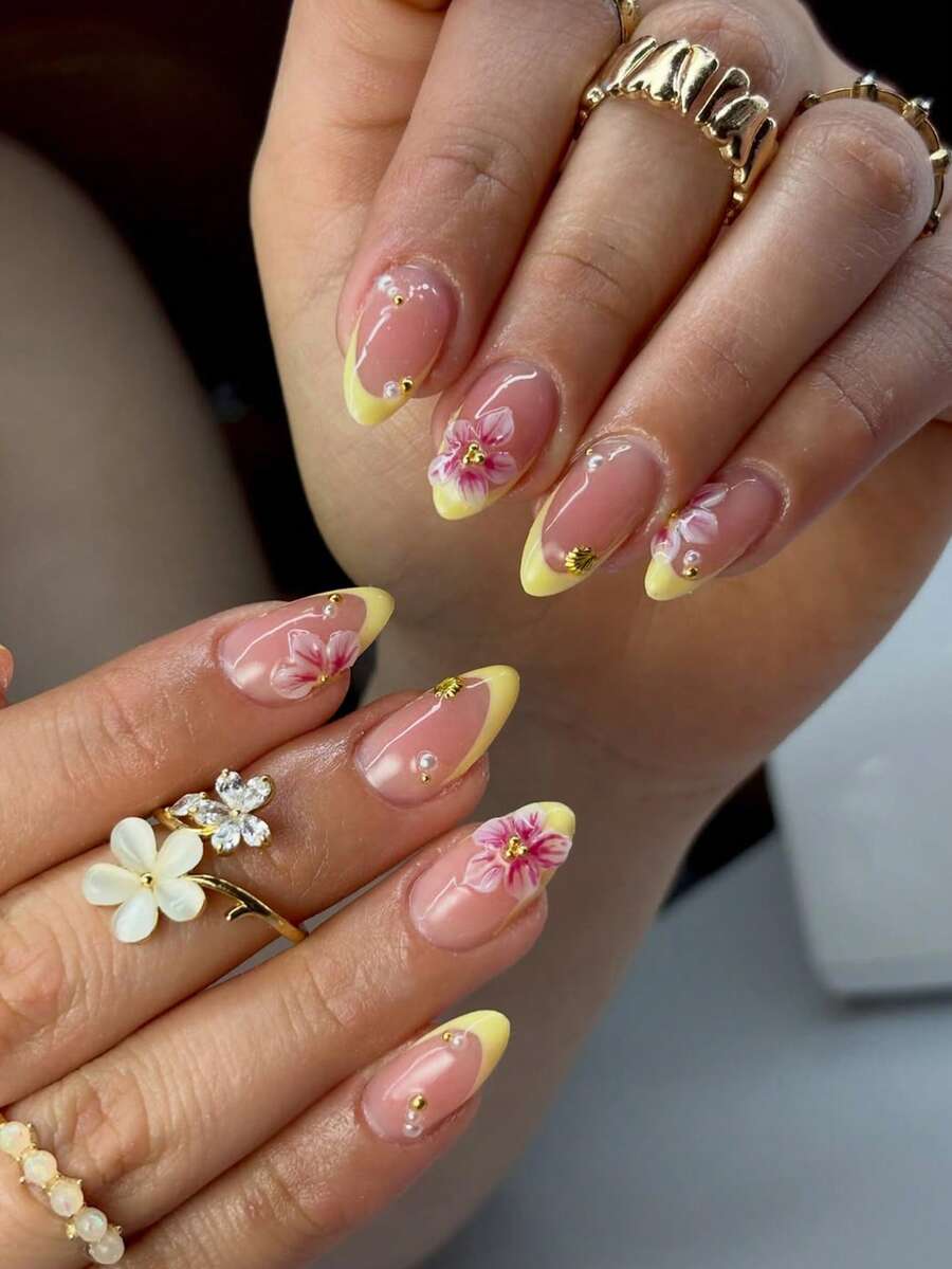 30片短杏仁形3D凝膠美甲貼片，花卉法式美甲珍珠裝飾設計假指甲套組，含1片果凍膠與1片指甲锉，適合女性日常工作、假期、派對使用，法式美甲貼片 - 彩色 - 查看 1