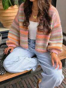 Women's Colorful Striped Knit Cardigan, Autumn Loose Soft Short Buttonless Outerwear, Vintage Slouchy Sweater Jacket - Multicolor - View 1