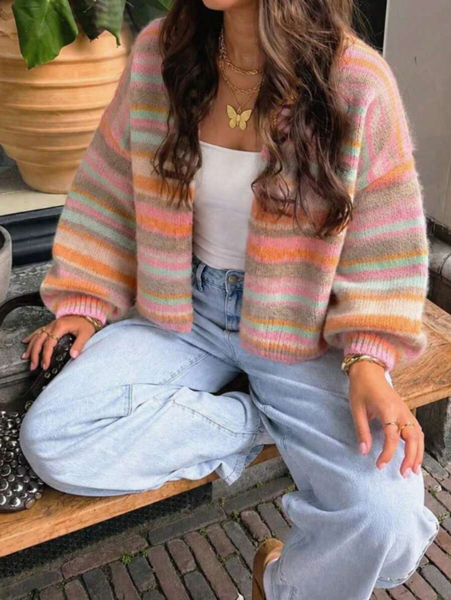 Women's Colorful Striped Knit Cardigan, Autumn Loose Soft Short Buttonless Outerwear, Vintage Slouchy Sweater Jacket - Multicolor - View 1