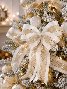 200cm White Edge Gold Sequin Metallic Ribbon, Suitable For Christmas Tree Decoration, Gift Wrapping, Wedding Bows And Wreaths, Shiny Durable Gold Glitter Polyester Handmade Ribbon, Suitable For DIY Crafts, Home Decor, Christmas Decoration, Christmas Party Supplies - Multicolor - View 2