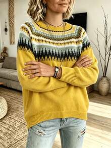 Plus Size Women's Fair Isle Knit Sweater, Autumn/Winter Round Neck Long Sleeve Geometric Pattern Loose Casual Pullover - Yellow - View 3