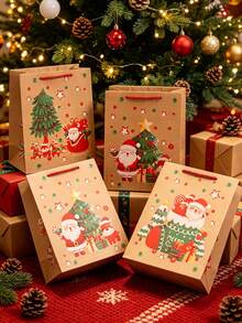 24pcs Set Of Christmas-Themed Printed Kraft Paper Gift Bags-Perfect For Party Favors, Table Decorations, Guest Gifts, And General Gift-Giving; An Ideal Choice For Holiday Gift Packaging. - Multicolor - View 7