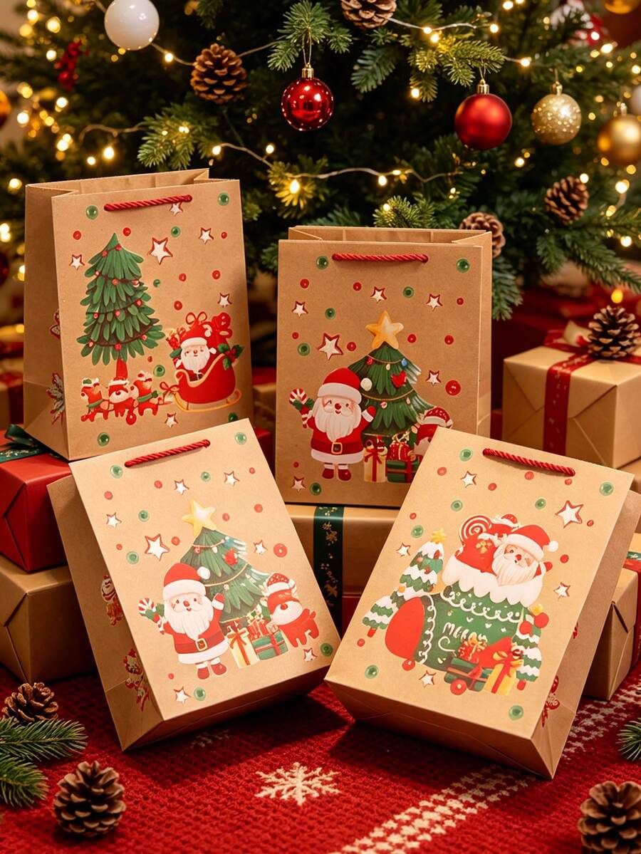 24pcs Christmas-Themed Printed Kraft Paper Gift Bags-Perfect For Party Favors, Table Decorations, Guest Gifts, And General Gift-Giving; An Ideal Choice For Holiday Gift Packaging. - Multicolor - View 1