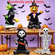 4pcs/Set Halloween 3D Standing Skeleton, Grim Reaper, Witch, Pumpkin Head Foil Balloons, Random 4-Piece Set, Indoor Theme Decoration Atmosphere Arrangement, Halloween Party Decor - Halloween - View 12