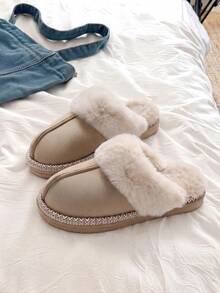 Women's Faux Suede Patchwork Slippers, Thick Sole Fur Lined Warm Closed Toe Slippers For Autumn/Winter - Camel - View 7