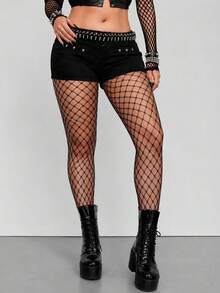 1 Pair Black Large Mesh Fishnet Tights, Stretch Hollow Out Punk Gothic Style Club Hosiery - Black - View 1
