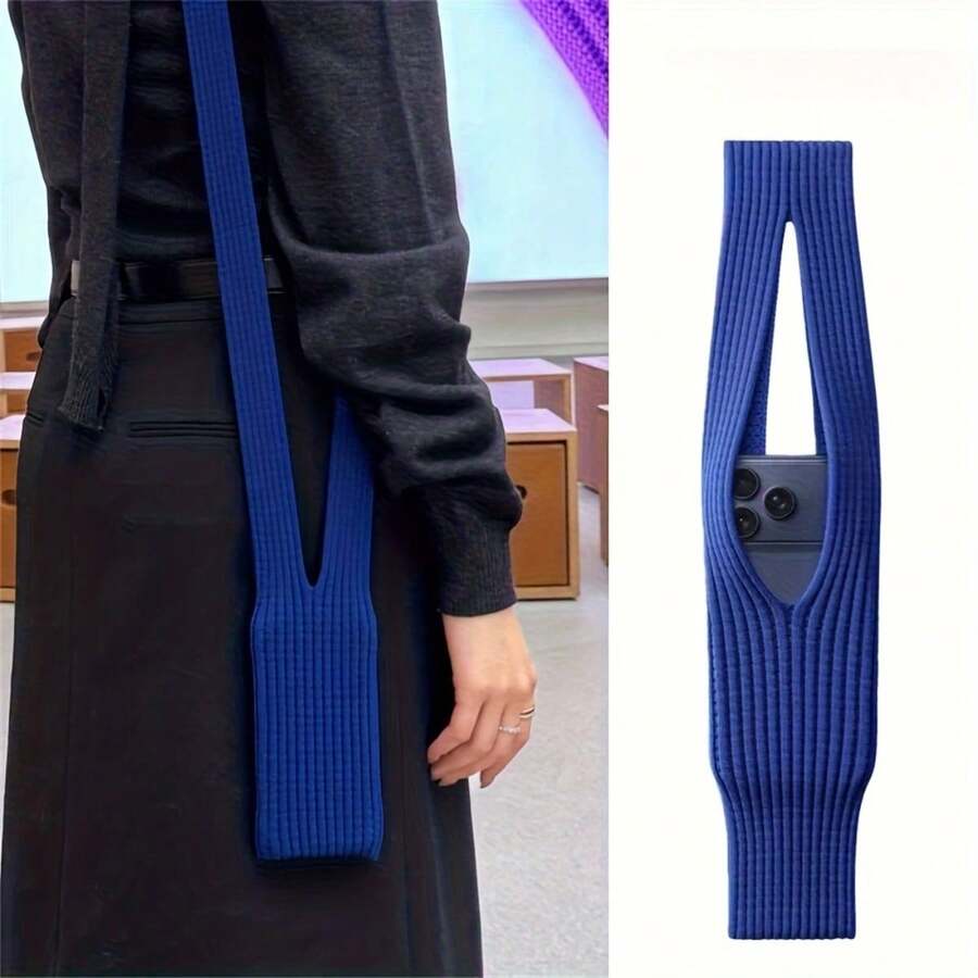 1pc Minimalist Ribbed Knit Phone Storage Bag, Universal Elastic Phone Case, Unisex Portable Handheld Phone Protective Cover, Street Style Phone Storage Pouch - Multicolor - View 1