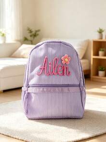 1pc Customized Name Macaron Striped Pink Girly Backpack, Portable Lightweight Travel Student Bag, Embroidered Name Back To School Gift, Personalized Gift - Multicolor - View 7