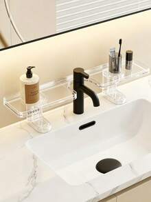 1pc Solid Color Sink Faucet Surround Storage Rack, Modern Plastic Irregular With Adjustable Split‑Tray Design, Space‑Saving Organizing Make Up Storage Organiser Bathroom Shelf, For Vanity Countertop Washroom Daily Use All‑Season Home Decor - Multicolor - View 10