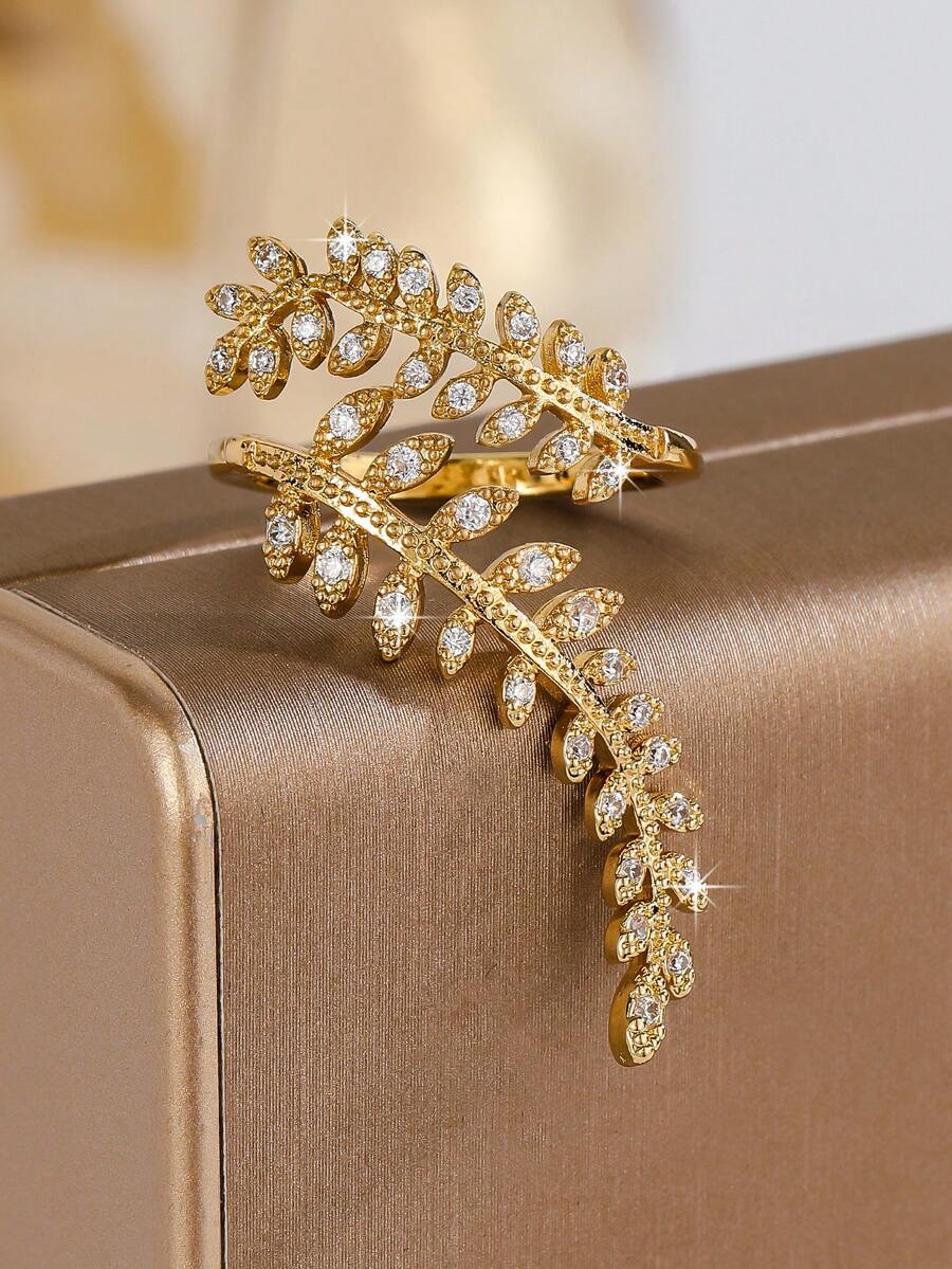 1pc Exquisite Copper Inlaid Zirconia Open Leaf Ring, Women's Engagement Jewelry Gift - Ring - View 1