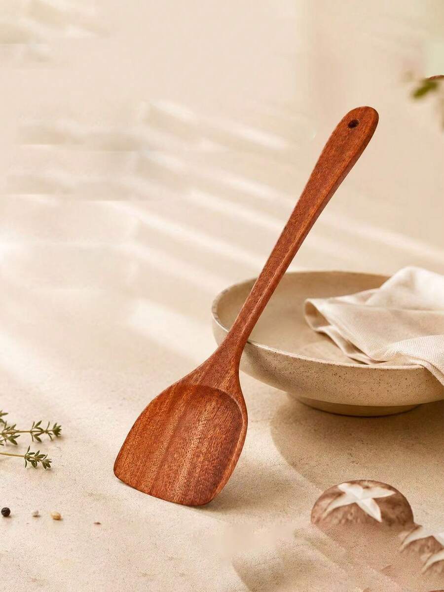 1pc/2pcs Wooden Spatula Spoon Long Handle Non-Stick Cookware Stir-Fry Turner Heat-Resistant Wooden Kitchen Utensil - Brown - View 1