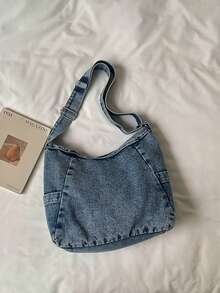 Korean Vintage Lazy Washed Denim Shoulder Bag For Women, Large Capacity Multi-Pocket Casual Distressed Crossbody Bag - Dusty Blue - View 8
