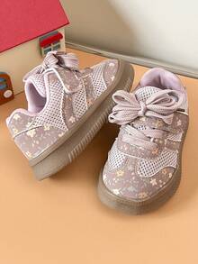 Girls' Floral Patchwork Sneakers With Mesh Breathable Soft Sole And Hook And Loop Closure, Stable Shoes For Home And Outdoor Wear - Pink - View 2