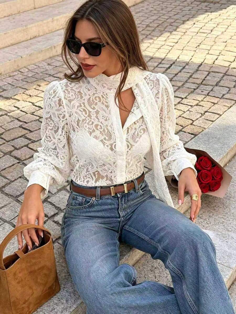 Floral Hollow Lace Pattern Button & Scarf Tie Decor V-Neck Hollow Puff Long Sleeve Casual Blouse Paired With Straight Leg Jeans White - White - View 1