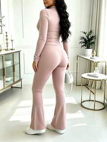Spring/Autumn Best-Selling Women's 2 Pieces Set, Fashion Slim Fit Solid Color Zip-Up Jacket And Long Pants, Polyester Fitness Yoga Fabric Elegant - Light Pink 156 - View 5
