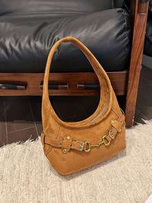 Women's Solid Color Material One Shoulder Crossbody Bag, Gold Horse Bit Buckle Detail, Zipper Closure, Casual Retro Style, Suitable For All Seasons, Perfect For Commuting And Dating - Brown - View 3
