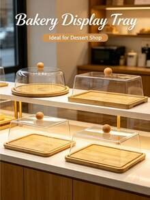 3 Packs Food Serving Platter Set, Natural Bamboo Base Tray With Clear Plastic Dome Lid, Multi‑Shape & Multi‑Size Dust‑Proof Display Stand, Perfect For Cakes, Cookies, Cheese, Fruit And Home Party Food Display - 3-piece Bread Box Set - View 3