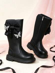 1 Pair Girls' Tall Boots, Bow & Rhinestone Butterfly Decor, Soft PU Material, Elastic Soft Sole With Inner Zipper Design, Cute Princess Style Long Riding Boots, Suitable For Daily School, Holiday Parties, Autumn/Winter New - Black - View 2