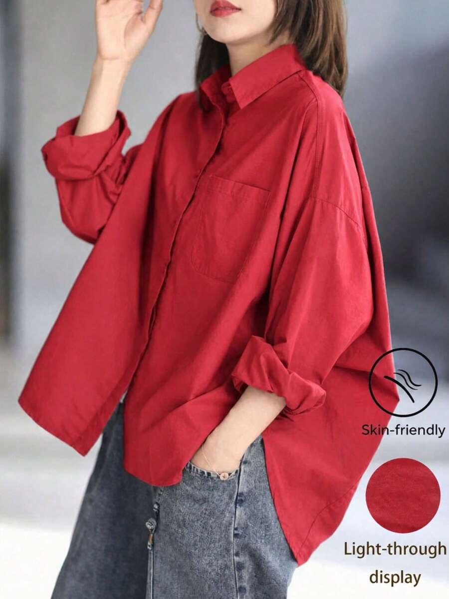 女士休闲纯色简约长袖衬衫,女士翻领长袖宽松oversize衬衫,纯色蝙蝠下摆休闲衬衫,简约日常百搭外套防晒上衣春季红色 - 紅色 - 查看 1