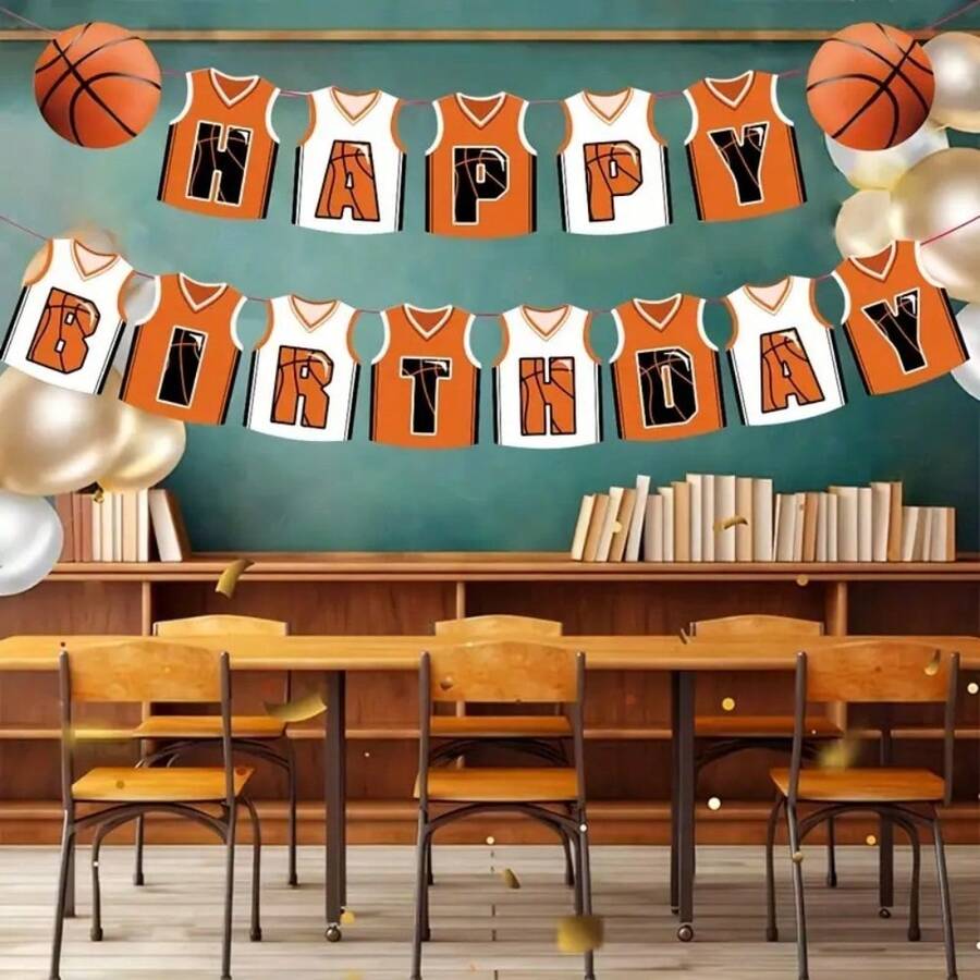 1 Set Basketball Jersey Design Birthday Paper Banner, With Basketball Theme Hanging Flags, Sports Style Paper Garland, Suitable For Sports Theme Party Decoration, Mimicking Basketball T-Shirt Style, Sports Theme Party Background Decoration Props - Multicolor - View 1