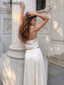 Women Satin Two Pieces Set Halter Top And Mermaid Skirt Old Money Aesthetic Fall Winter Outfits For Evening Party Going Out Dating - Beige - View 4