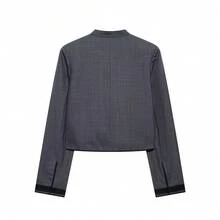 Women's Military Style Long Sleeve Short Jacket, Black Stand Collar Polyester Jacket With Woven Details, Suitable For Autumn/Winter Wear Fall - Dark Grey - View 4
