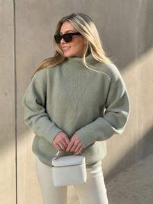 Women's Autumn/Winter High Neck Knit Sweater Loose Long Sleeve Soft Wool Sweater - Olive Green - View 5