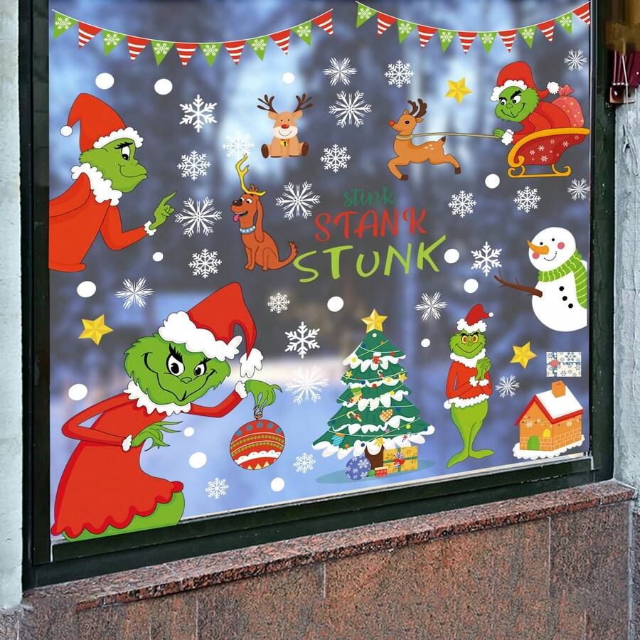 The Grinch 9pcs Cross-Border Christmas Window Stickers The Cartoon PVC Static Window Decals Glass Stickers - Multicolor - View 1