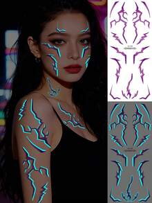 2Sheets Halloween Luminous Temporary Tattoos - Waterproof Blue Lightning & Vein Back Full Arm&Face&Body Art Stickers For Halloween Cosplay & Party Festival Tattoos - Purple - View 7