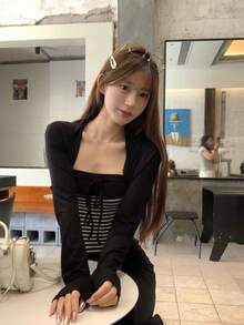 Fashionable 2 Pieces Set Black Elegant Long Sleeve Cardigan Short Jacket And Striped Bandeau Tank Top For Women Autumn/Winter - Black - View 8
