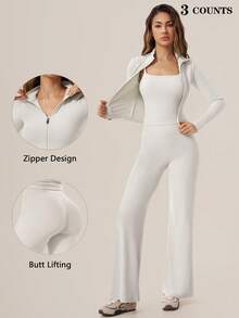TimeOff Women's 3 Pieces Set Autumn/Winter Solid Color Small Stand Collar Zipper Jacket, Camisole Top, High Waist Wide Leg Pants - Apricot - View 10