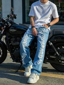 Men's Embroidered Loose-Fit Jeans – Casual, Comfortable Denim - Medium Wash - View 1