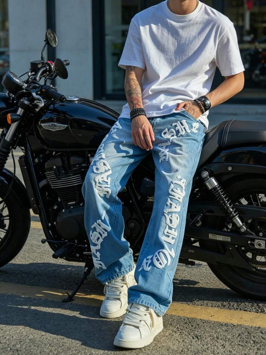 Men's Embroidered Loose-Fit Jeans – Casual, Comfortable Denim - Medium Wash - View 1