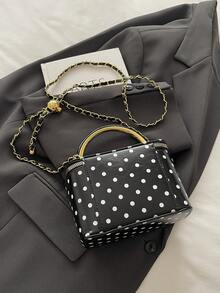 Women's Polka Dot PU Square Box Handbag, Metal Top Handle Chain Crossbody Bag, Vintage Makeup Bag Style Shoulder Bag - Black - View 7