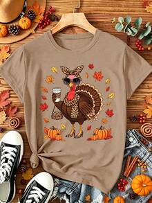 Kaos Thanksgiving Fashion Motif Leopard Bergambar Kalkun Lengan Panjang untuk Makan Malam Keluarga Bertema Kalkun - Coklat - View 1