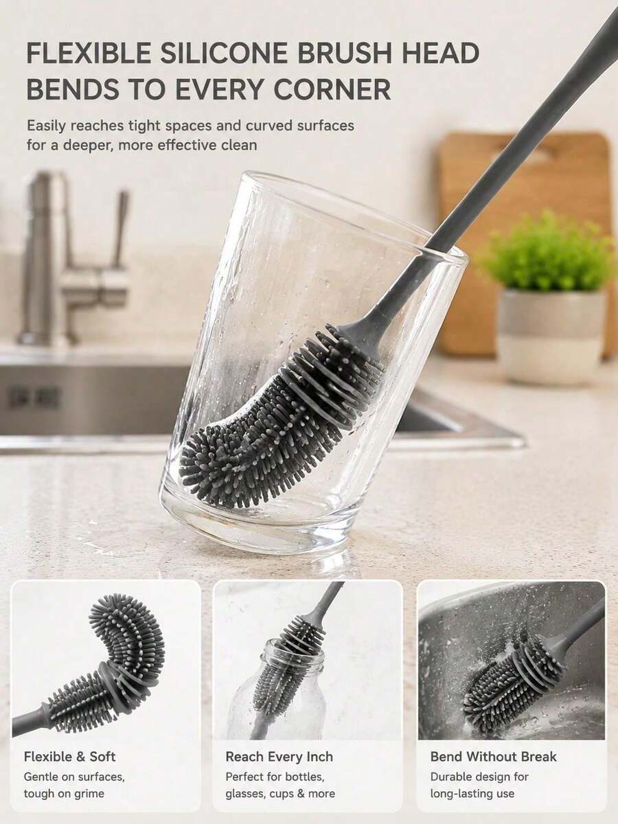 1pc Multi-Function Long Handle Silicone Cleaning Brush, Long Handle Design, No Electricity Required, Multi-Function Cleaning Brush, Suitable For Kitchen, Furniture, Can Deep Clean Coffee Cups, Water Bottles, Etc., Suitable For All Surfaces, Can Clean Cups And Bottles, Reusable, Ideal For Kitchen And Bathroom.