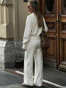 MORI Autumn/Winter Women's Knit Set Y2K Comfortable Beige Zipper Cardigan Lapel Wide Leg Pants 2 Pieces Set Vacation Homewear Top - Apricot - View 7