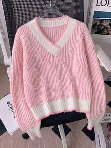 Pink‑White Color Block Striped Ribbed V‑Neck SweaterAsymmetrical Loose Drop‑Shoulder Long‑Sleeve Knit Top For Early‑Autumn Back‑To‑School Daily Wear - Pink - View 7