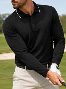 Men's Golf Light Business Long Sleeve Polo Shirt With Contrast Collar, Suitable For Golf, Business, Office, Daily Casual, Outdoor And Multiple Occasions - Black - View 2
