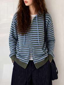 Women's Winter Casual Minimalist Vintage Striped Hooded Cardigan Jacket - Blue - View 3