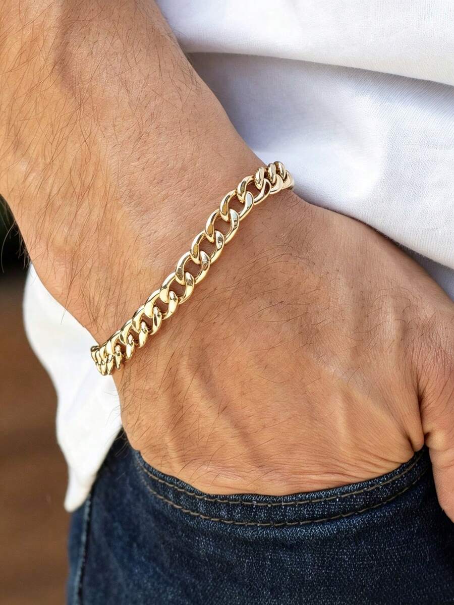 Men's Cuban Bracelet, Gold-Plated Miami Bracelet, Simple Basic Hip-Hop Jewelry, Waterproof Stainless Steel Jewelry Gift For Him - Gold - View 1