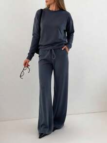 Women's Casual Solid Color Long Straight Leg Pants With Medium Stretch - Dark Grey - View 4