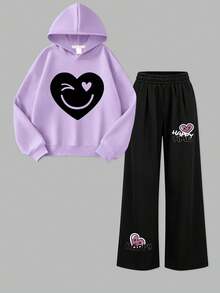 2pcs/Set Sweet Style Girls' Sports Outfit, Heart Print Hoodie + Happy Letter Heart Wide Leg Pants, Big Girls' Spring/Autumn/Winter Set - Mauve Purple - View 2