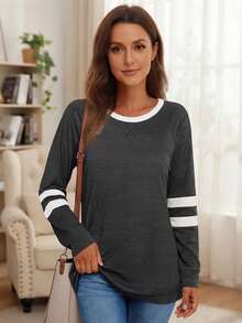 Women Plain Color Block Round Neck Long Sleeve Simple Casual Top - Dark Grey - View 1